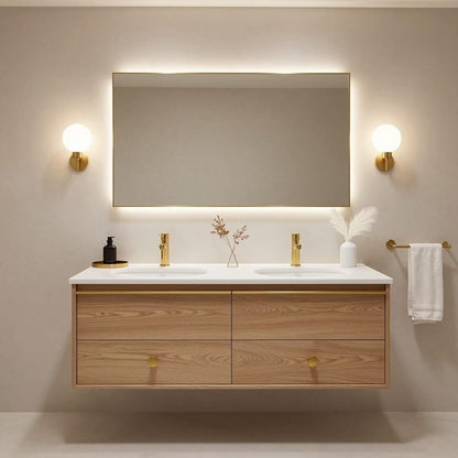 60"-84"Light Oak Floating Bathroom Vanity Set with Gold Hardware & LED Mirror