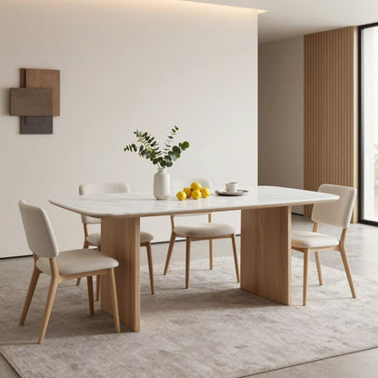 60"-80"White Marble Dining Table with Light Wood Base, Minimalist Rectangular Kitchen Table