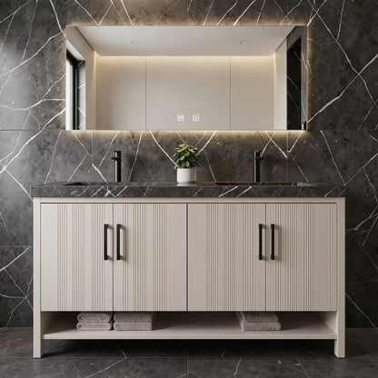 60”-78” Double Vanity, Fluted Panel Cabinet with LED Backlit Mirror, Light Gray