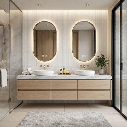 60"-96"Modern Wall-Mounted Vanity with Marble Top & Gold Hardware & Soft-Close Drawers