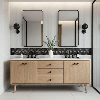 60"-96"Mid-Century Modern Vanity with Marble Top & Black Hardware & Tapered Legs