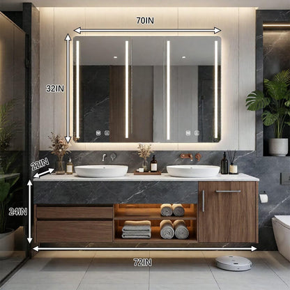60”-96”Modern Floating Bathroom Vanity with Marble Top, LED Open Shelf & Smart Mirror