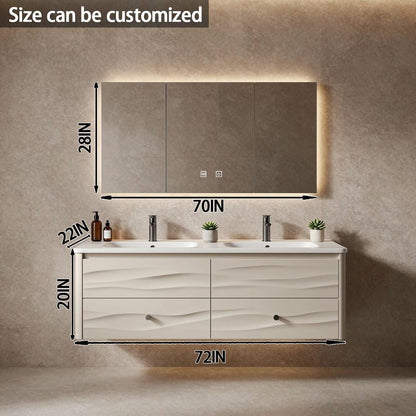 60”-84”Double Sink Floating Bathroom Vanity with LED Mirror Cabinet, White Textured Cabinet