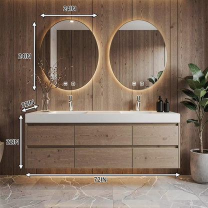 60”-96” Light Oak Floating Bathroom Vanity with Double Sinks & LED Round Mirrors
