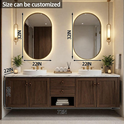 60"-84"Luxury Walnut Bathroom Vanity with Undermount Sinks & Backlit Oval Mirrors