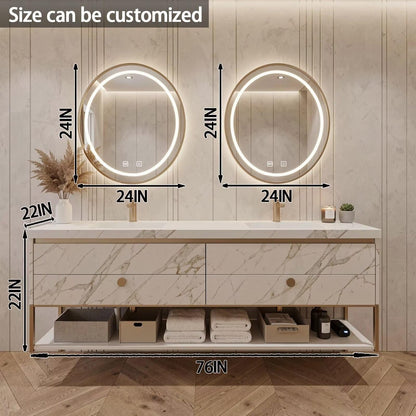 60"-84"Freestanding Marble Bathroom Vanity with Double Sinks & LED Round Mirrors