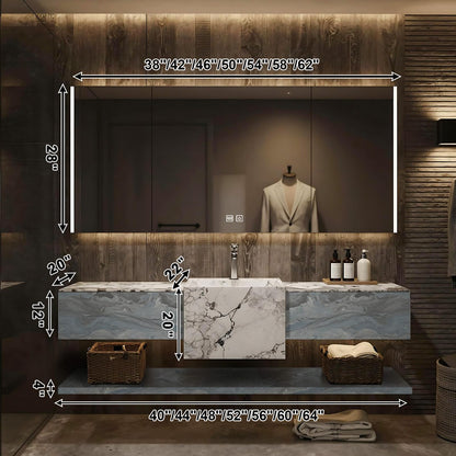 48”-72”Modern Floating Bathroom Vanity with Marble Top & LED Smart Mirror