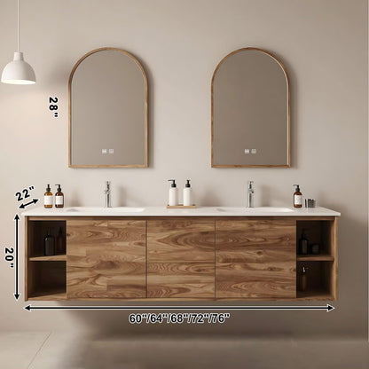 60”-84” Wall Mounted Double Sink Bathroom Vanity with Arched LED Mirrors, Wood Floating Cabinet with White Stone Top, Natural