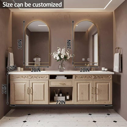 60”-84”Double Sink Floating Bathroom Vanity with Gold Arch Mirrors, Light Oak Carved Cabinet