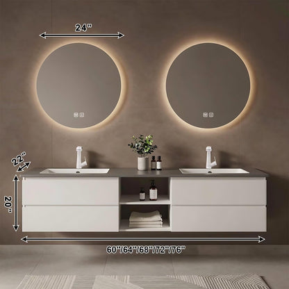 60”-84”Double Sink Floating Bathroom Vanity with 2 Round LED Mirrors, White Wall Mounted Vanity with Open Storage Shelf