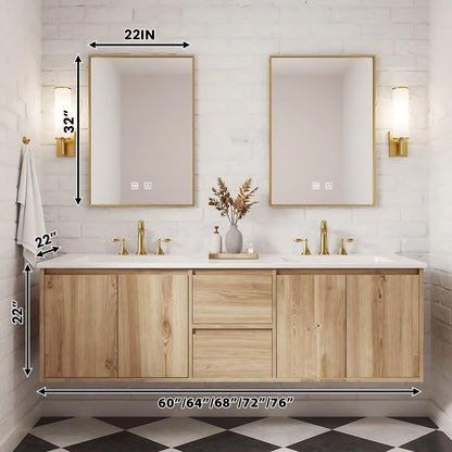 60”-84”Double Sink Floating Bathroom Vanity with 2 Gold LED Mirrors, Light Oak Wall Mounted Vanity with White Top