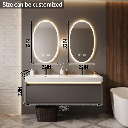 60”-78”Double Sink Floating Bathroom Vanity with LED Oval Mirrors, Dark Gray Cabinet