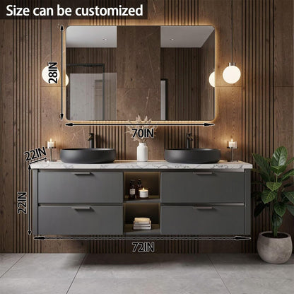 60”-84”Double Sink Floating Bathroom Vanity with LED Mirror, Dark Gray Cabinet & Black Vessel Sinks