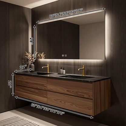 60”-84”Wall Mounted Double Sink Bathroom Vanity with LED Mirror, Wood Floating Cabinet with Black Stone Top, Natural Wood