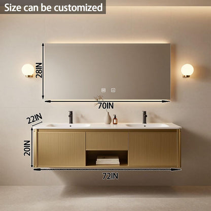 60"-84"Modern Gold Floating Bathroom Vanity Set with Fluted Doors & White Top