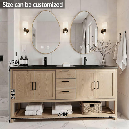 64"-96"Farmhouse Bathroom Vanity with Double Sinks & Oval LED Mirrors, Light Wood