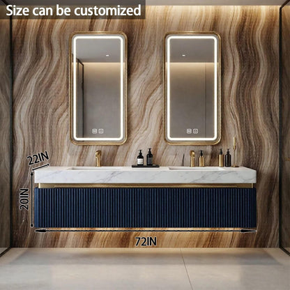 60"-84"Navy Blue Fluted Floating Bathroom Vanity with Marble Top & LED Lighted Mirror
