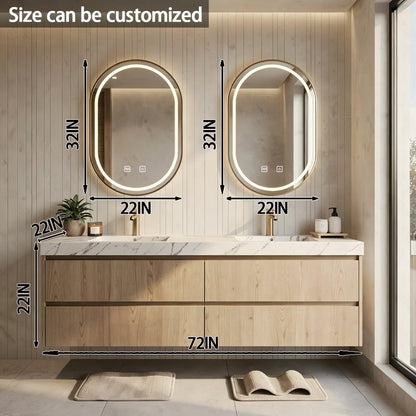 60"-84"Floating Light Wood Bathroom Vanity with Marble Top & Oval LED Mirrors, Double Sinks