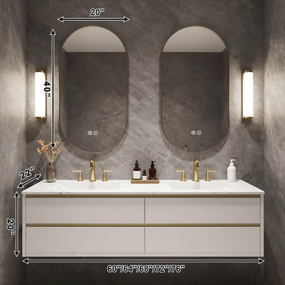 60”-84”Double Sink Floating Bathroom Vanity, White & Gold Cabinet with Arch LED Mirrors