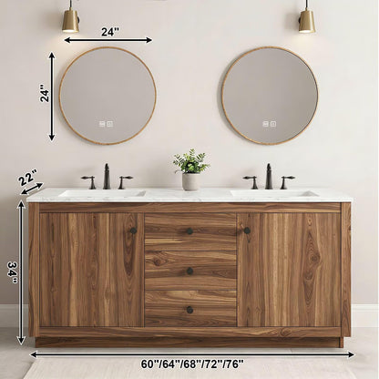 60”-84”Double Sink Freestanding Bathroom Vanity, Solid Walnut Cabinet with Round LED Mirrors