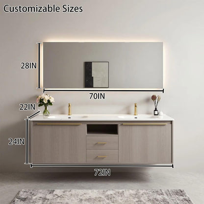 60"-96"Light Gray Oak Floating Bathroom Vanity with Double Sinks & LED Backlit Mirror