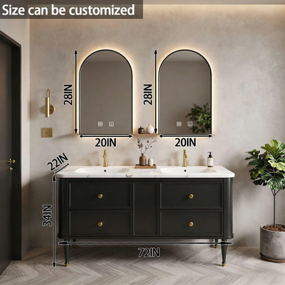 60”-84”Double Sink Freestanding Vanity with LED Arched Mirrors, Black Cabinet & Gold Hardware