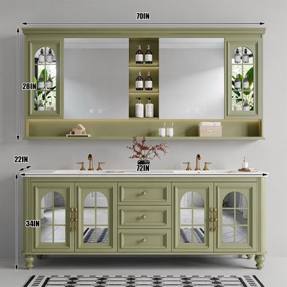 60”-96”Traditional Sage Green Bathroom Vanity with Double Sinks & Glass Door Storage