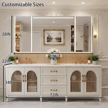 60"-96"Modern Farmhouse Bathroom Vanity, Light Wood Cabinet with Drawers & Arched Openings