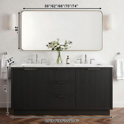 60”-84” Double Sink Bathroom Vanity with LED Mirror, Freestanding Fluted Cabinet with Marble Top, Black