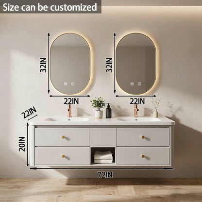 60”-84”Floating Vanity, Modern White Wall Mounted Bathroom Cabinet with Gold Trim Mirror