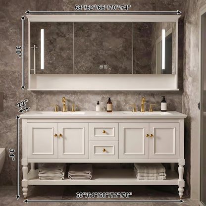 60”-84”Double Sink Freestanding Bathroom Vanity, White Shaker Cabinet with Gold Hardware