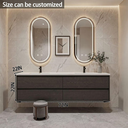 60”-84”Double Sink Floating Bathroom Vanity with Oval LED Mirrors, Dark Gray Wood Cabinet