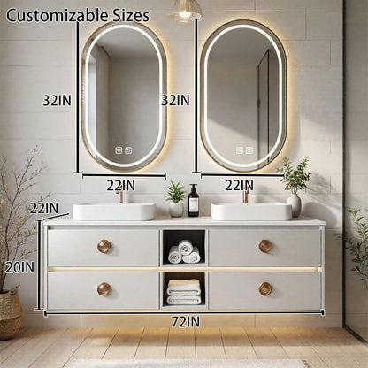 60"-96"White Floating Bathroom Vanity with Double Vessel Sinks & LED Oval Mirrors