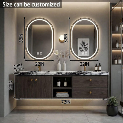 60"-84"Wall-Mounted Bathroom Vanity with Double Sink, Marble Countertop & Gold Knobs