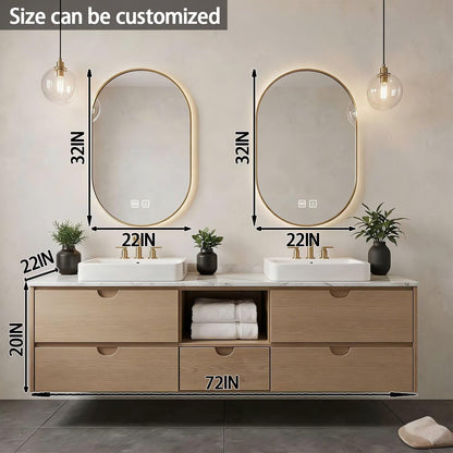 60"-84"Floating Oak Bathroom Vanity with Double Sinks & LED Oval Mirrors