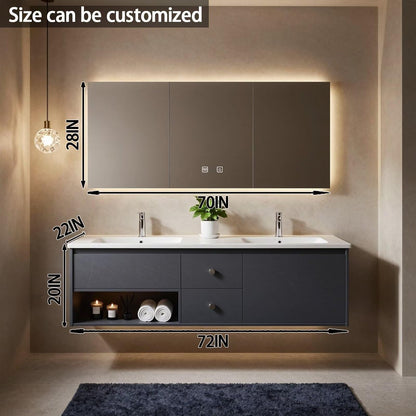 60"-84"Floating Dark Gray Bathroom Vanity with Open Shelf & Backlit LED Mirror Cabinet