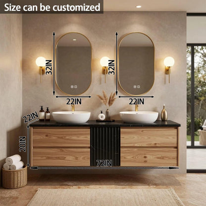 60”-84”Double Sink Floating Vanity with Gold Oval Mirrors,Black Stone Top