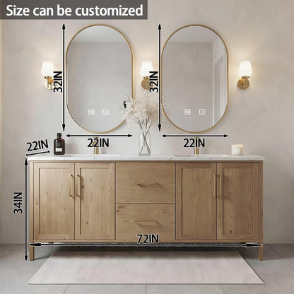 64”-96”Double Sink Freestanding Bathroom Vanity with Gold Oval Mirrors, Light Oak Cabinet