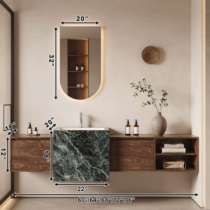 60”-84” Floating Bathroom Vanity with LED Arch Mirror, Wall Mounted Walnut Wood Vanity with Marble Sink & Open Storage Shelves