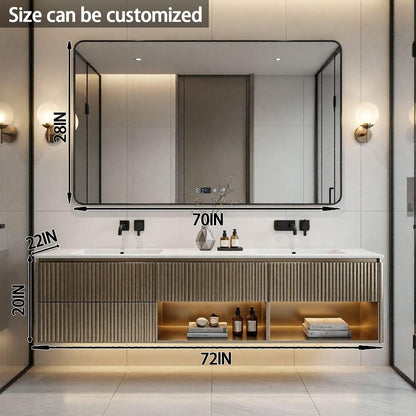 60"-84"Floating Fluted Bathroom Vanity with Double Sinks & LED Mirror