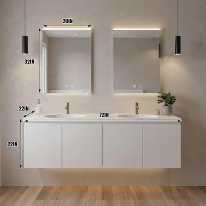 60”-96”Modern White Wall-Mounted Vanity with Double Sinks, Marble Top & LED Lighting