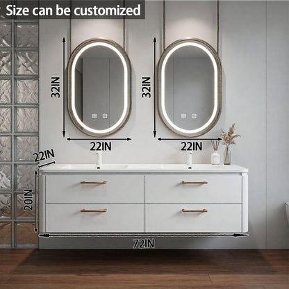 60”-84”Double Sink Floating Bathroom Vanity with LED Oval Mirrors, White Cabinet & Gold Hardware