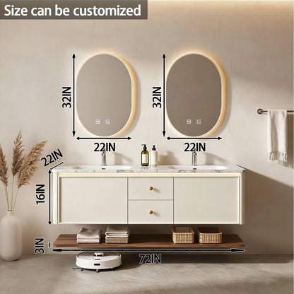 60"-84"Modern Cream Floating Bathroom Vanity Set with Marble Top & Open Shelf