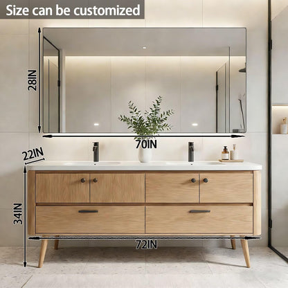 60"-84"Freestanding Oak Bathroom Vanity with Double Sinks & LED Mirror