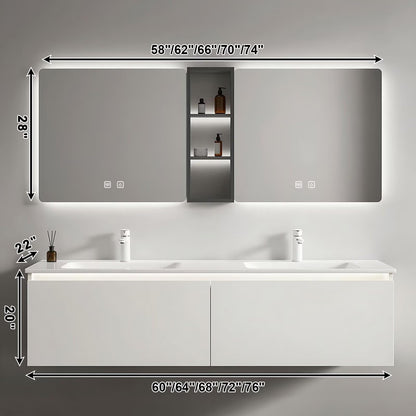 60”-84” Double Sink Floating Bathroom Vanity with LED Mirrors & Open Shelf, Wall Mounted White Vanity with Integrated Top