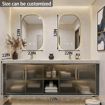 60"-84"Modern Floating Bathroom Vanity Set with Marble Top & Glass Cabinets