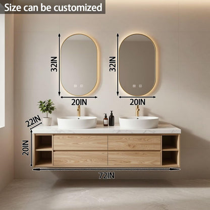 60”-84”Double Vanity, White Floating Cabinet with Gold Trim Oval LED Mirrors