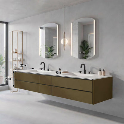 60"-96"Olive Green Floating Bathroom Vanity with Double Sinks & LED Lighted Mirrors