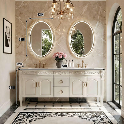 60"-96"White Traditional Bathroom Vanity with Double Sinks & LED Oval Mirrors