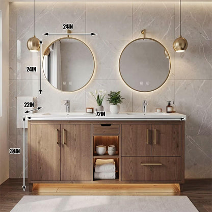 60"-96" Modern Wood Bathroom Vanity with Double Sinks & Gold Hardware